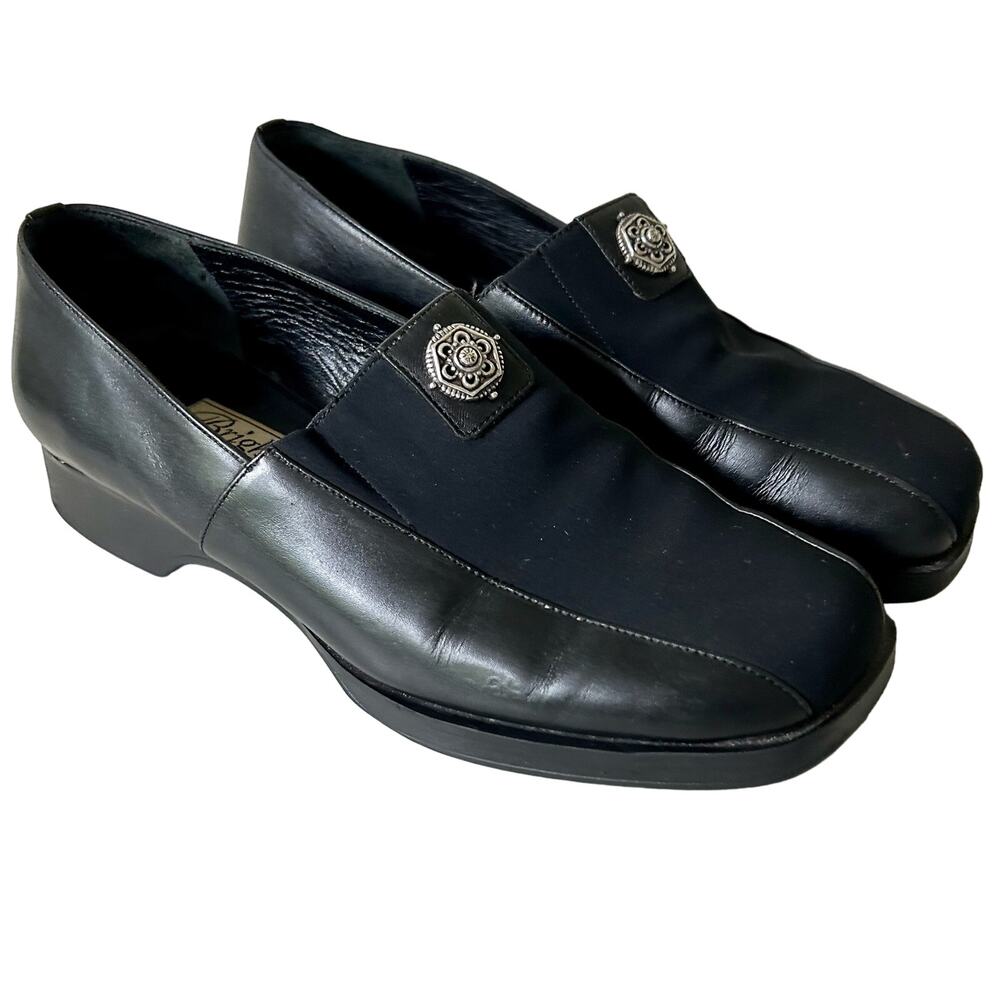 Vintage Brighton Black Leather Square Toe Loafers Silver Heart Made in Italy 6